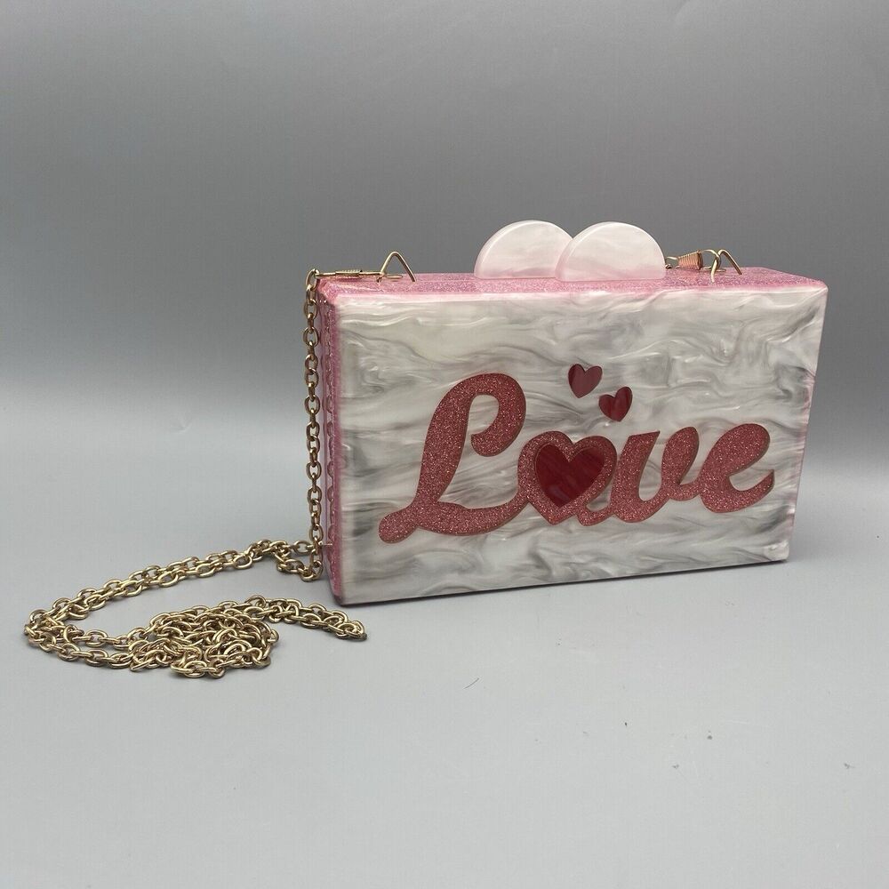 Bari Lynn Like / Love Acrylic Glitter Purse Crossbody Chain Clutch Magnetic